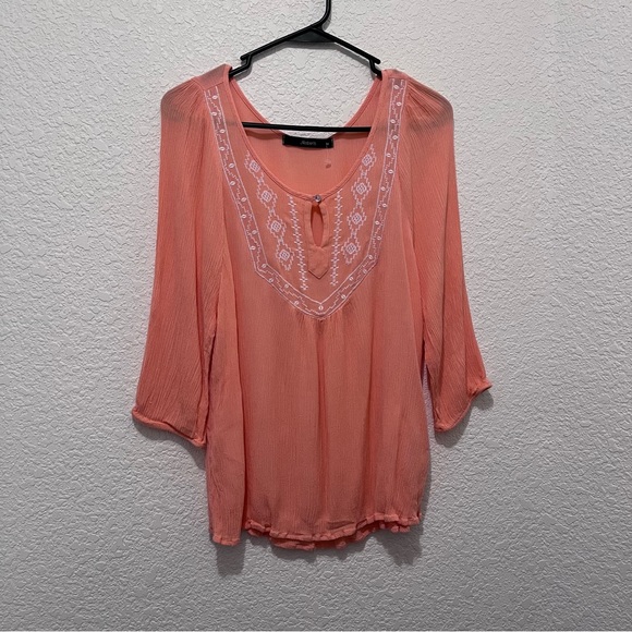 J Roberts Pink Embroidered Boho Brushed Cotton Peasant Keyhole Top Womens Size M - Picture 10 of 10